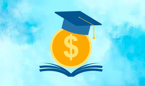 Dollar sign in circle with graduation cap on sitting on open book with sky in background
