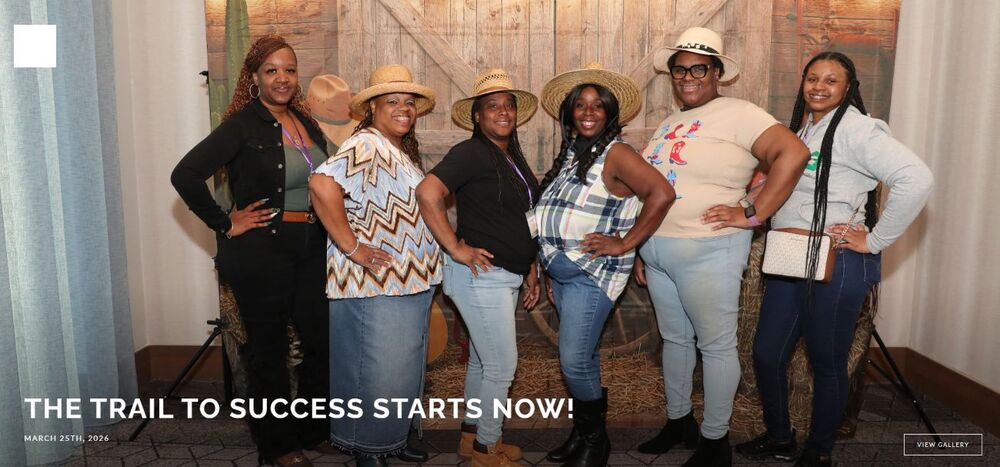 Six women posing with their hands on their hips. There is a banner at the bottom that says, the Trail to Success Starts Now.