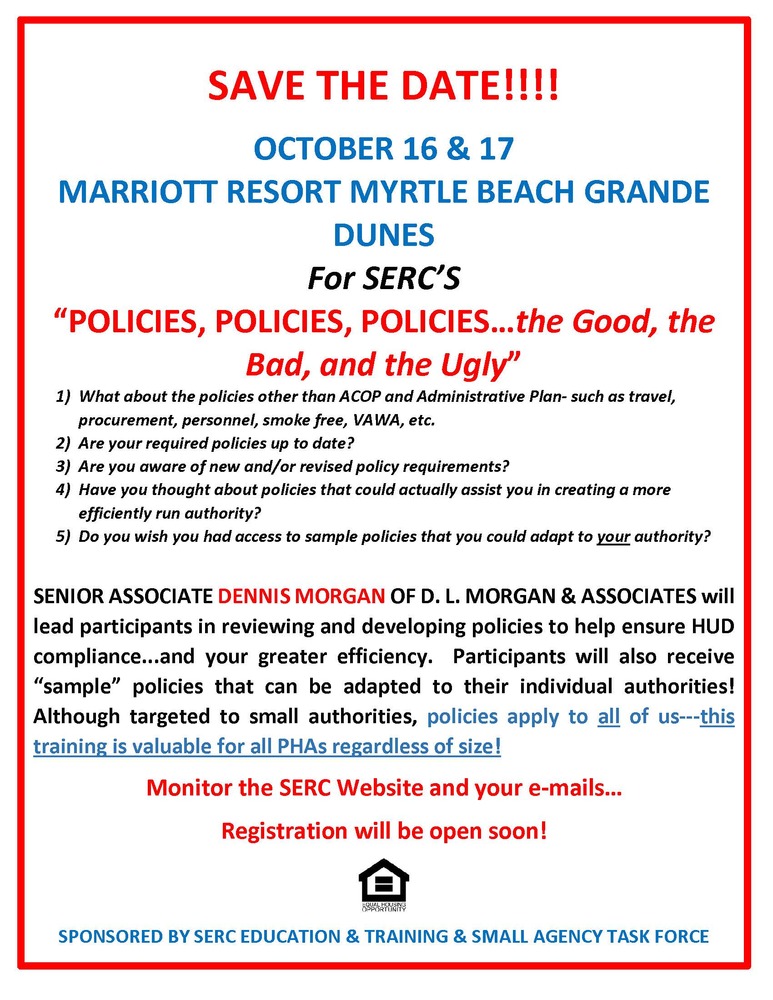 SERC Save the Date Policies Training Flyer, all information as listed below.