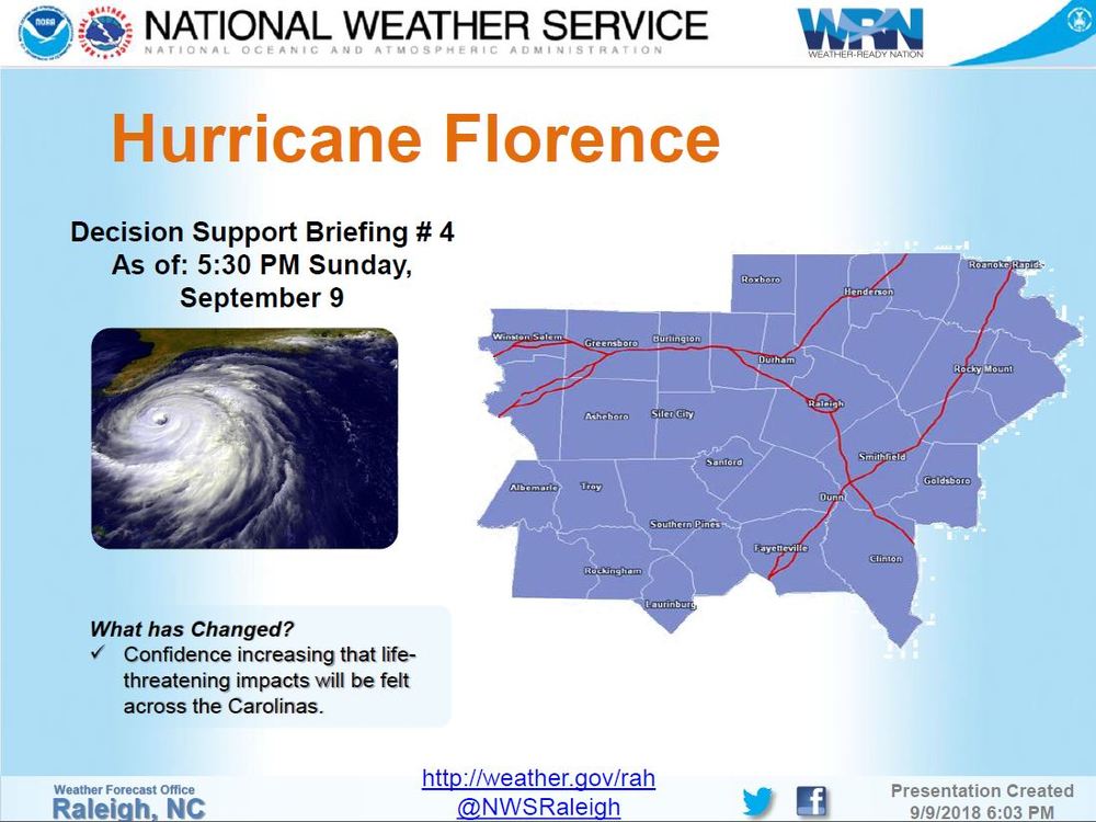 Hurricane Florence decision support briefing number 4, Sunday, September 9th.