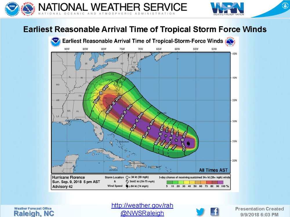 Map view of Hurricane Florence with estimated time frames on when the hurricane will hit the coast.