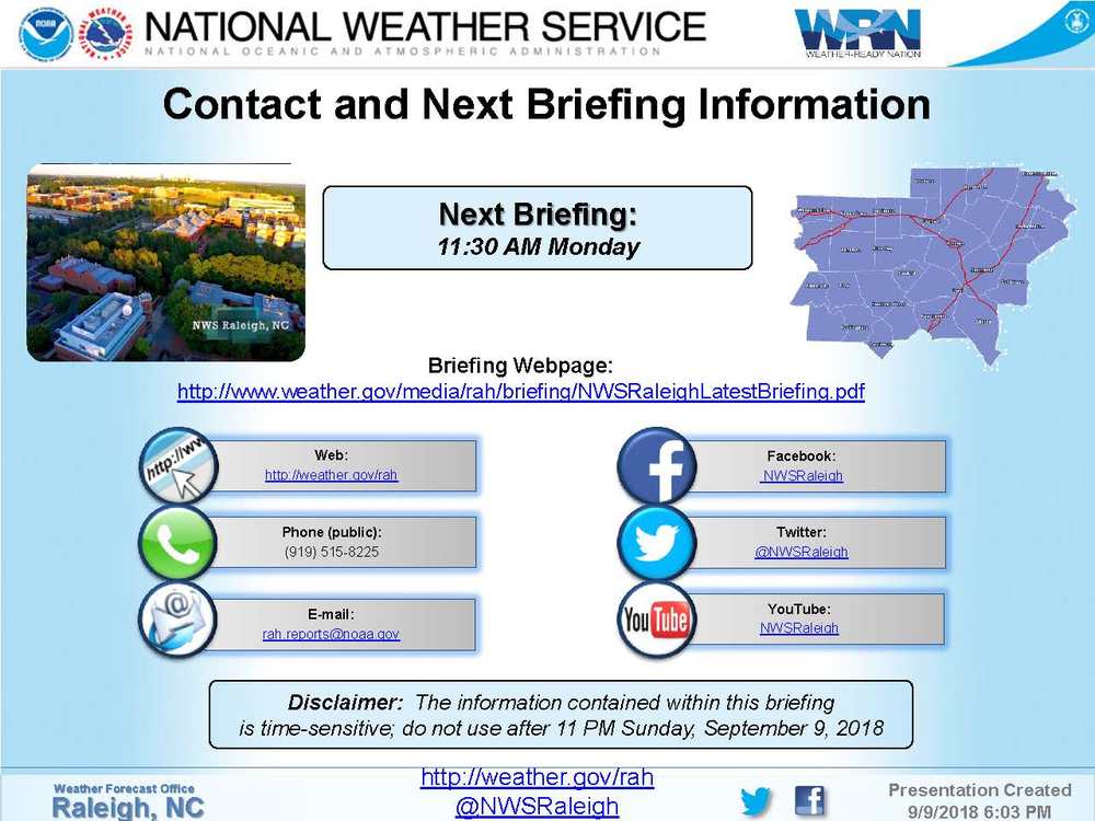 A notification on when the next briefing about Hurricane Florence can be found along with the timeframe.