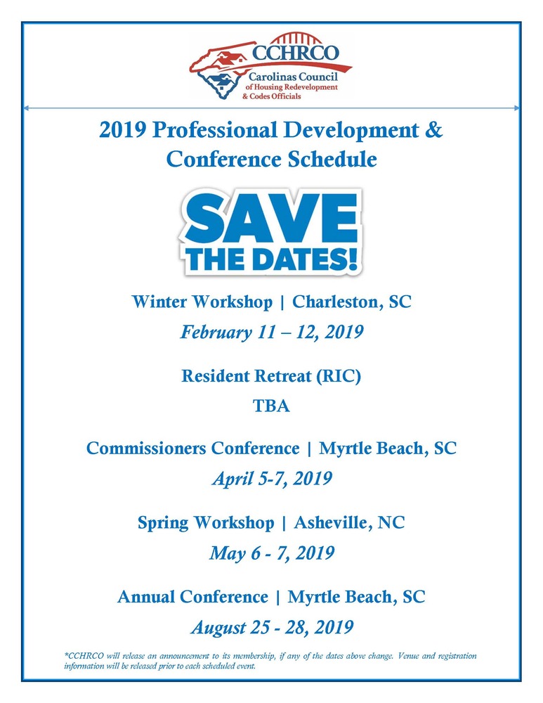 CCHRCO 2019 Professional Development - Conference Schedule Flyer, all information as listed below.