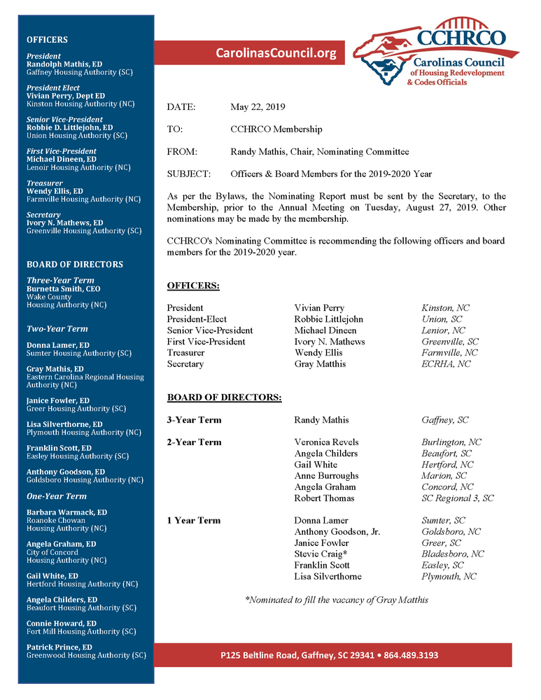 2019-2020 Yr Slate of Officers Notice, all information as listed below.