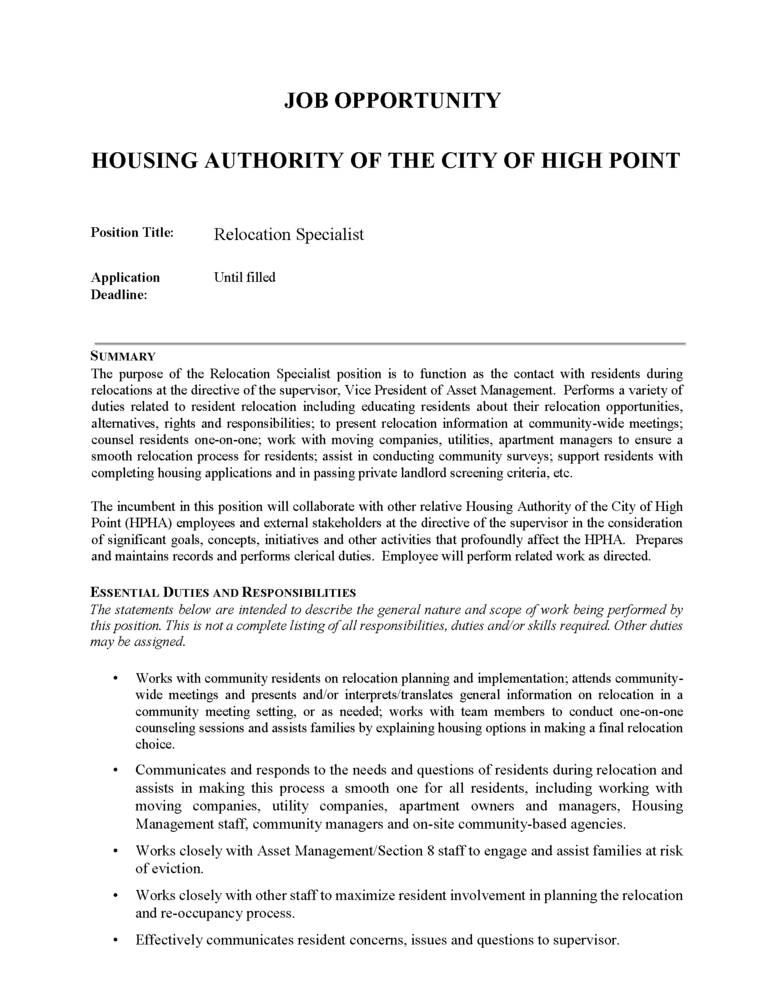 Job opportunity for CCHRCO - Relocation Specialist Page 1.