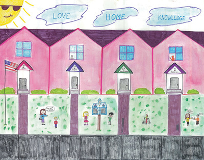 What Home means to me 2017 poster winner with four pink townhomes with families playing in the yards. The words Home, love, and knowledge are written in the clouds above.