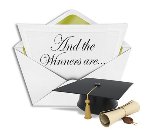A cap and diploma sitting next to an envelope with a letter coming out saying And the Winners Are.