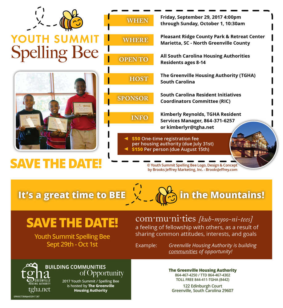 2017 Youth Spelling Bee save the date flyer, all information as listed below..