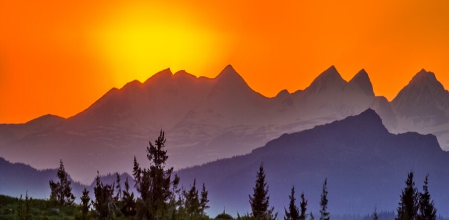 Sunset view of evergreen trees in the foreground and mountains in the background