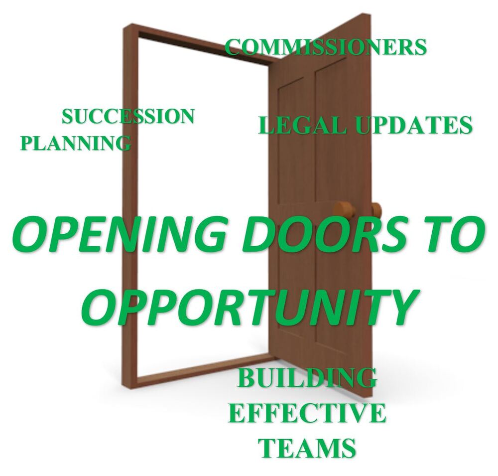 A drawing of an open wooden door with words over it: Opening Doors to Opportunity, Commissioners, Succession Planning, Legal Updates, Building Effective Teams