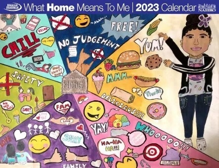 What Home Means to me 2023 Calendar cover winner pie slices with drawings for no judgement, chill, Yum, Safety, Family, YaY & Whoooooo