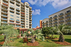 Marina Inn at Grande Dunes high rise hotel with palm trees in courtyard.