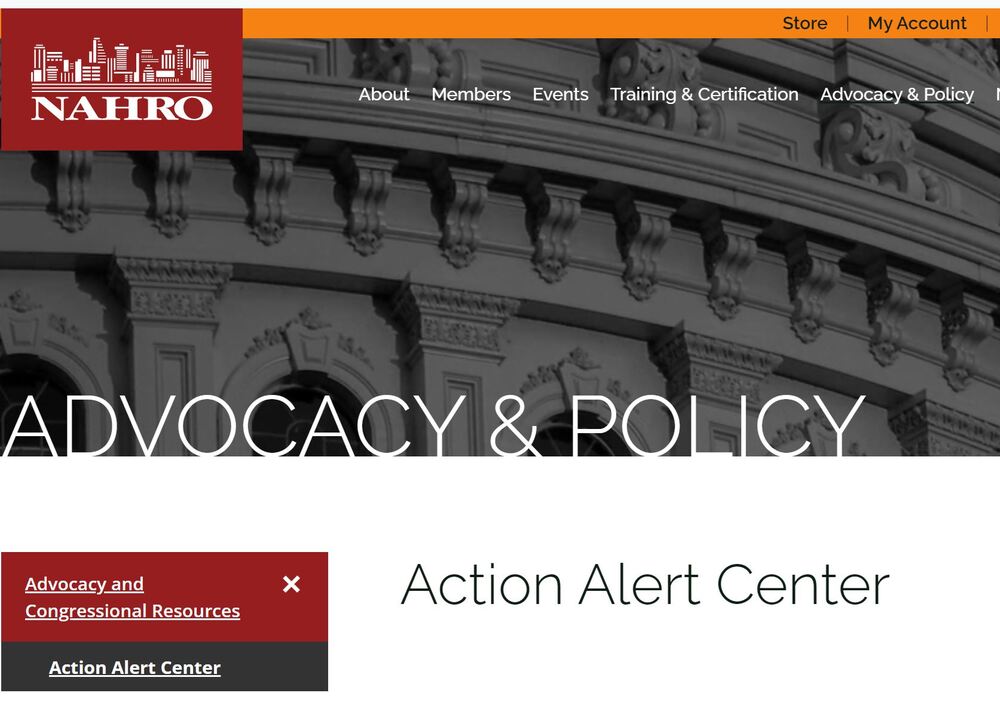 Advocacy & Policy Action Alert Center website page heading with close up of Capitol Building exterior